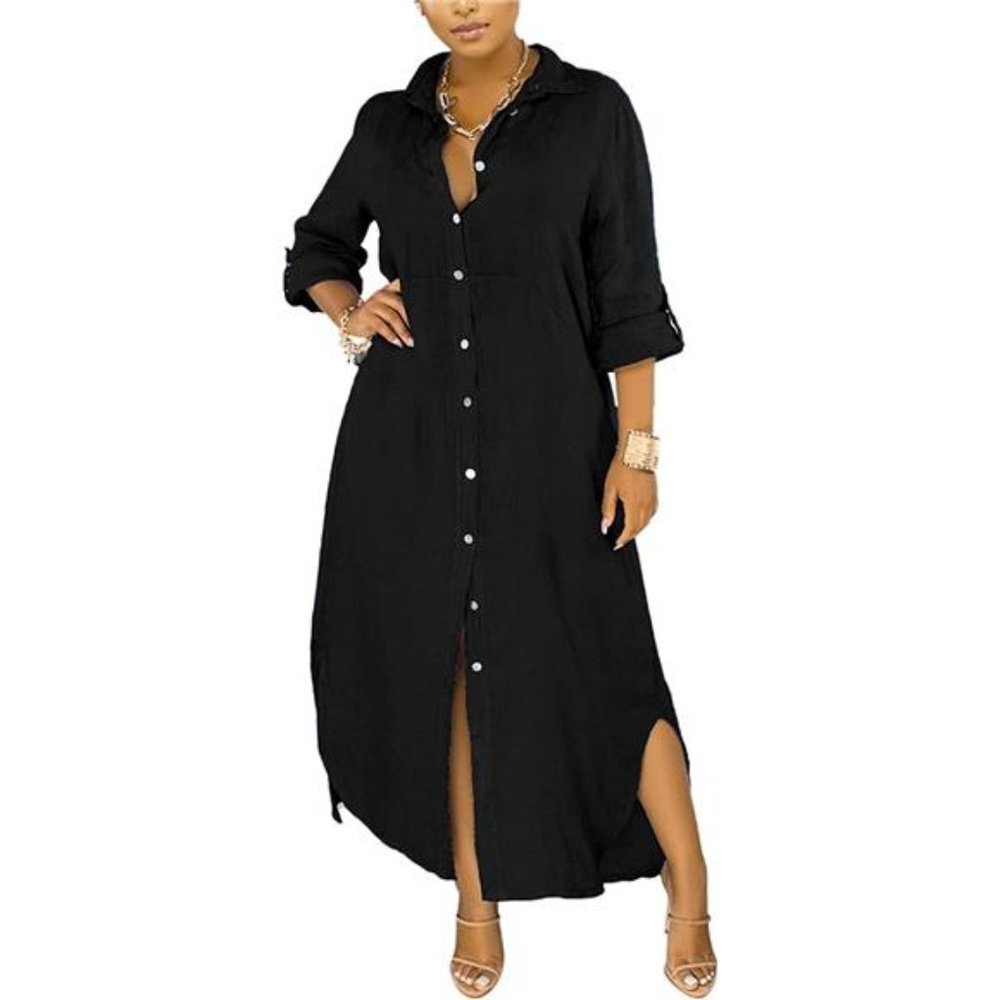 Women's Button Down Maxi Shirts - Casual Loose Long Sleeve Roll Up Shirt Dress